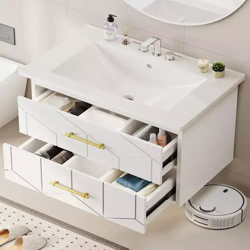 Mobile bagno sospeso nero/grigio/bianco con lavabo, cassetti ammortizzati e maniglie dorate, 61 cm o 76 cm, 1 lavabo