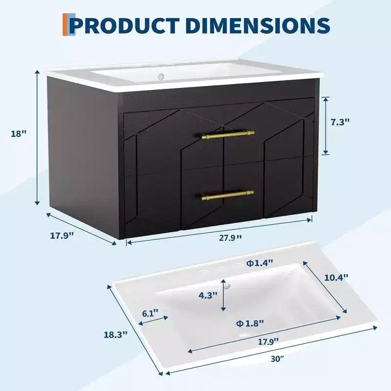 Mobile bagno sospeso nero/grigio/bianco con lavabo, cassetti ammortizzati e maniglie dorate, 61 cm o 76 cm, 1 lavabo