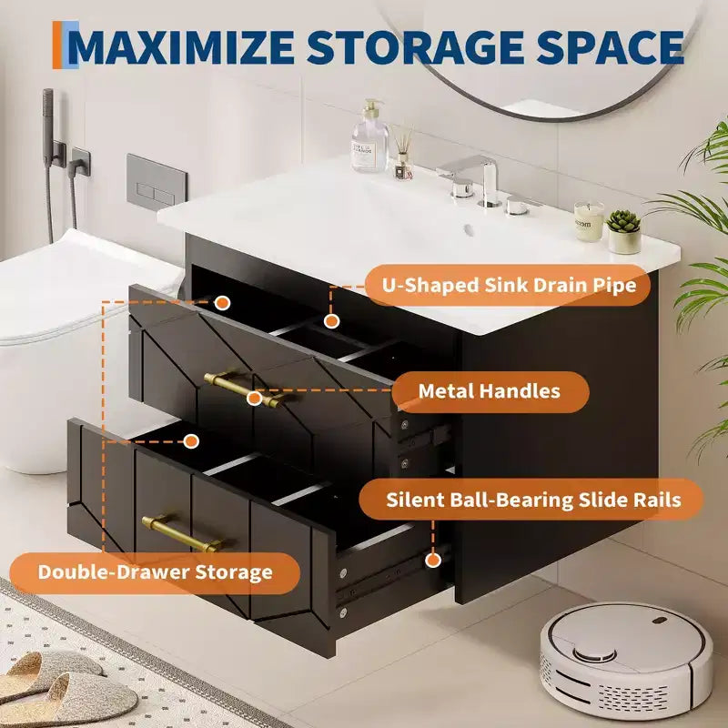 Mobile bagno sospeso nero/grigio/bianco con lavabo, cassetti ammortizzati e maniglie dorate, 61 cm o 76 cm, 1 lavabo