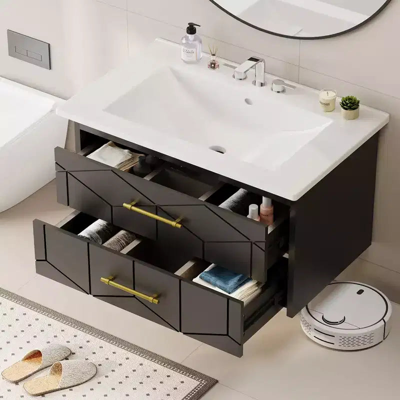 Mobile bagno sospeso nero/grigio/bianco con lavabo, cassetti ammortizzati e maniglie dorate, 61 cm o 76 cm, 1 lavabo