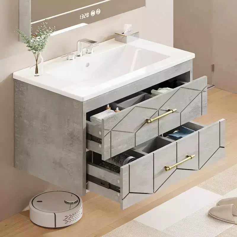 Mobile bagno sospeso nero/grigio/bianco con lavabo, cassetti ammortizzati e maniglie dorate, 61 cm o 76 cm, 1 lavabo