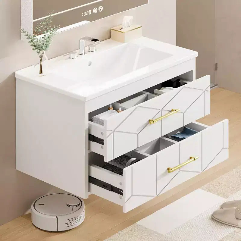 Mobile bagno sospeso nero/grigio/bianco con lavabo, cassetti ammortizzati e maniglie dorate, 61 cm o 76 cm, 1 lavabo