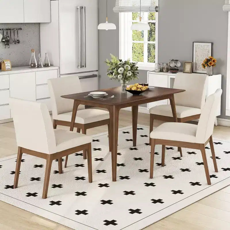 Set da pranzo rettangolare 5 pezzi per 4 persone, beige chiaro e noce, sedie imbottite