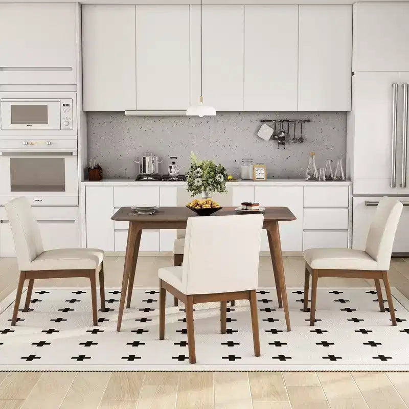 Set da pranzo rettangolare 5 pezzi per 4 persone, beige chiaro e noce, sedie imbottite