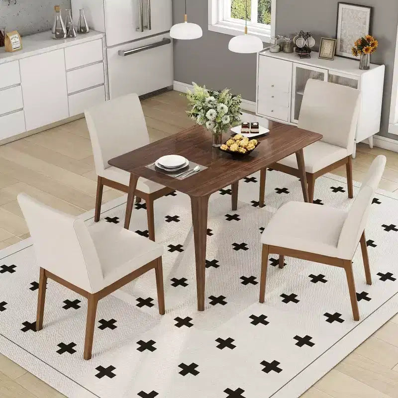 Set da pranzo rettangolare 5 pezzi per 4 persone, beige chiaro e noce, sedie imbottite