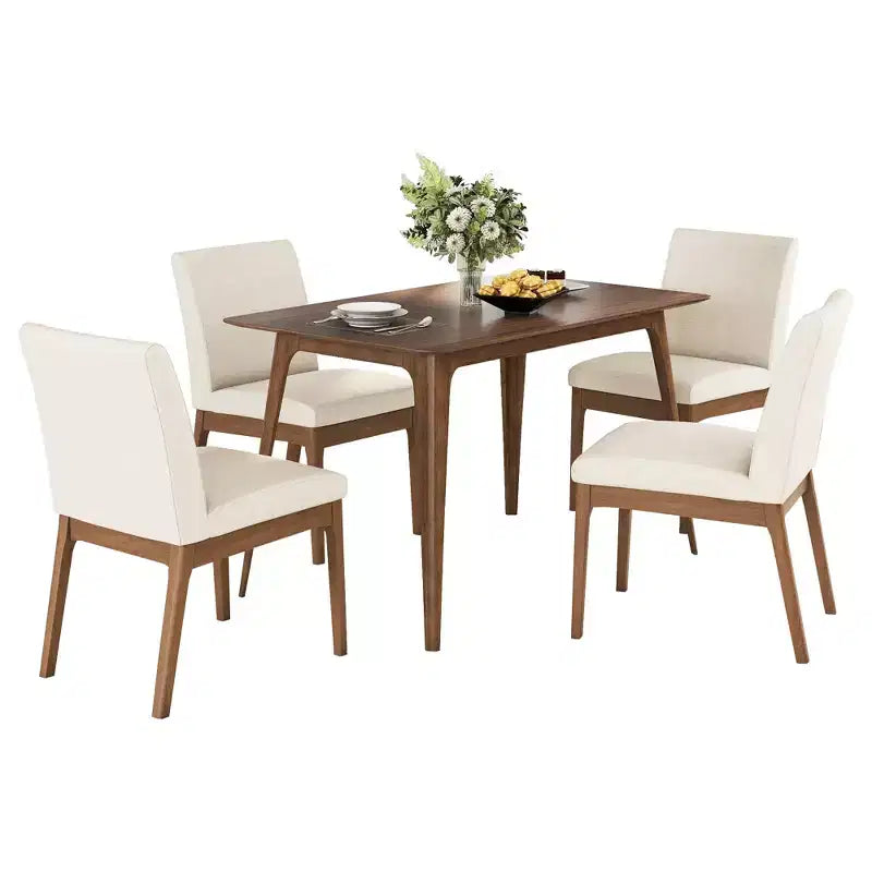 Set da pranzo rettangolare 5 pezzi per 4 persone, beige chiaro e noce, sedie imbottite