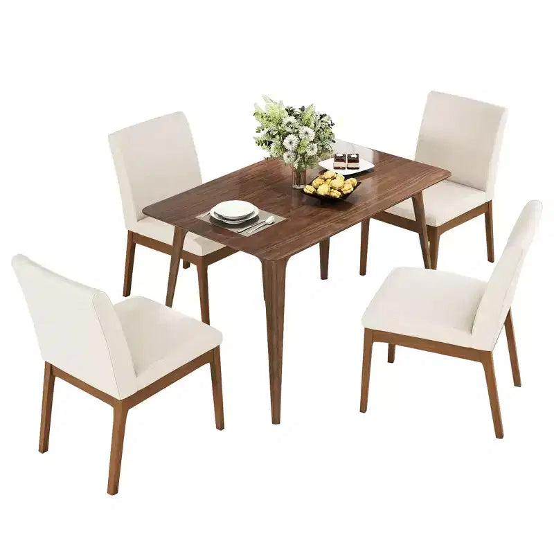 Set da pranzo rettangolare 5 pezzi per 4 persone, beige chiaro e noce, sedie imbottite
