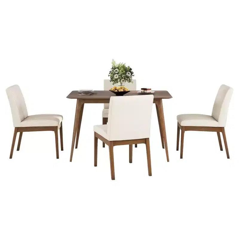 Set da pranzo rettangolare 5 pezzi per 4 persone, beige chiaro e noce, sedie imbottite
