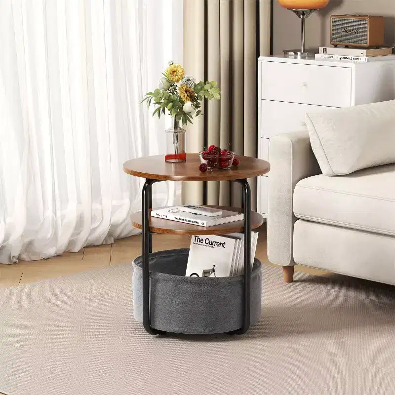 Tavolino Rotondo a 3 Livelli, Beige/Marrone, Struttura in Ferro con Cesto in Tessuto, Uso per 1 Persona