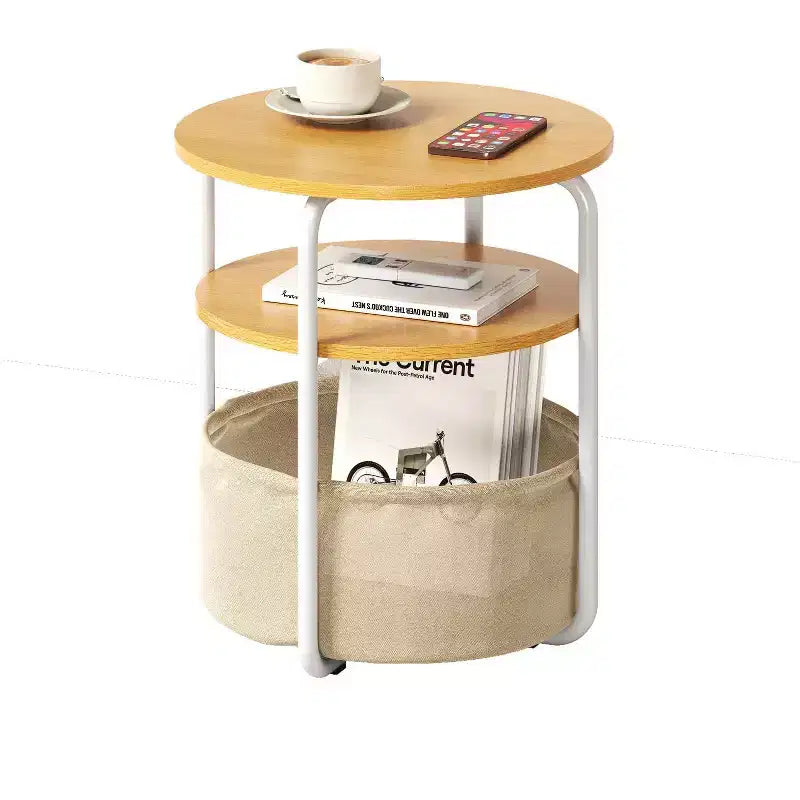 Tavolino Rotondo a 3 Livelli, Beige/Marrone, Struttura in Ferro con Cesto in Tessuto, Uso per 1 Persona