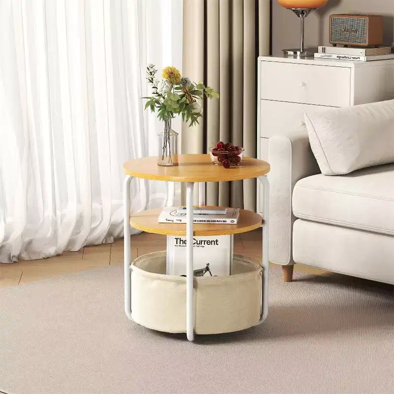 Tavolino Rotondo a 3 Livelli, Beige/Marrone, Struttura in Ferro con Cesto in Tessuto, Uso per 1 Persona