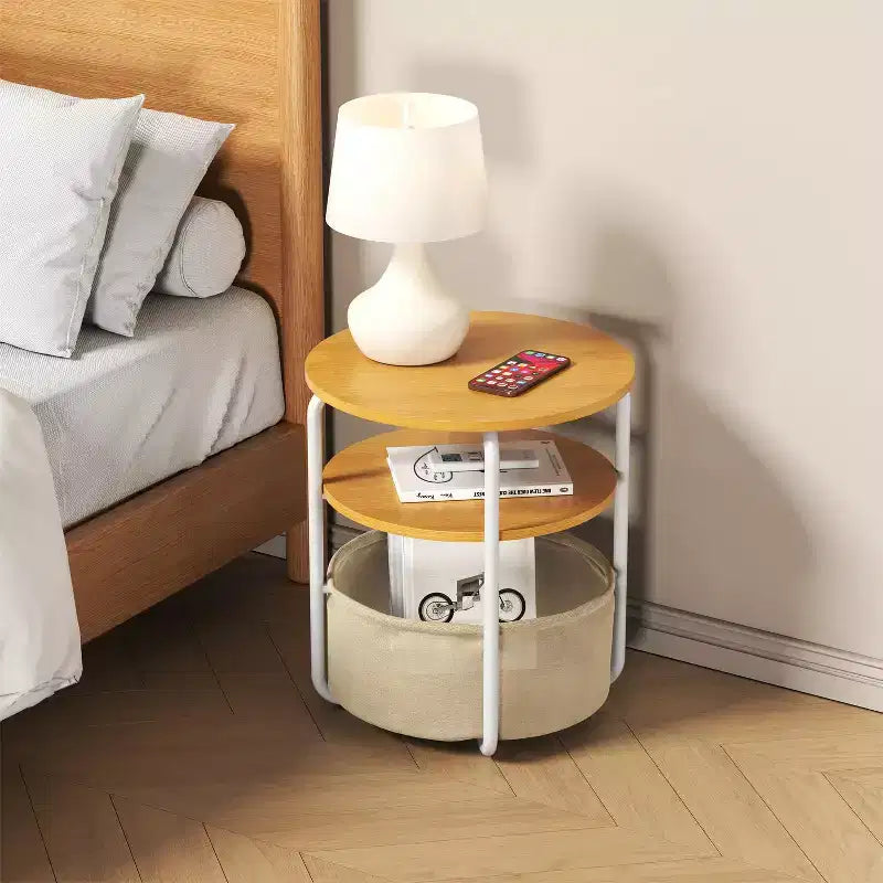 Tavolino Rotondo a 3 Livelli, Beige/Marrone, Struttura in Ferro con Cesto in Tessuto, Uso per 1 Persona