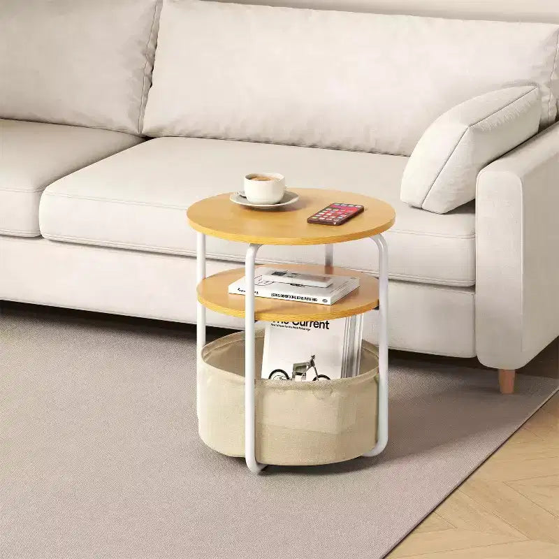 Tavolino Rotondo a 3 Livelli, Beige/Marrone, Struttura in Ferro con Cesto in Tessuto, Uso per 1 Persona