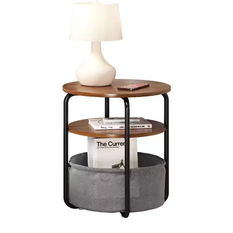 Tavolino Rotondo a 3 Livelli, Beige/Marrone, Struttura in Ferro con Cesto in Tessuto, Uso per 1 Persona