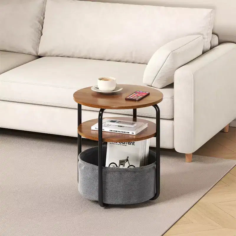 Tavolino Rotondo a 3 Livelli, Beige/Marrone, Struttura in Ferro con Cesto in Tessuto, Uso per 1 Persona