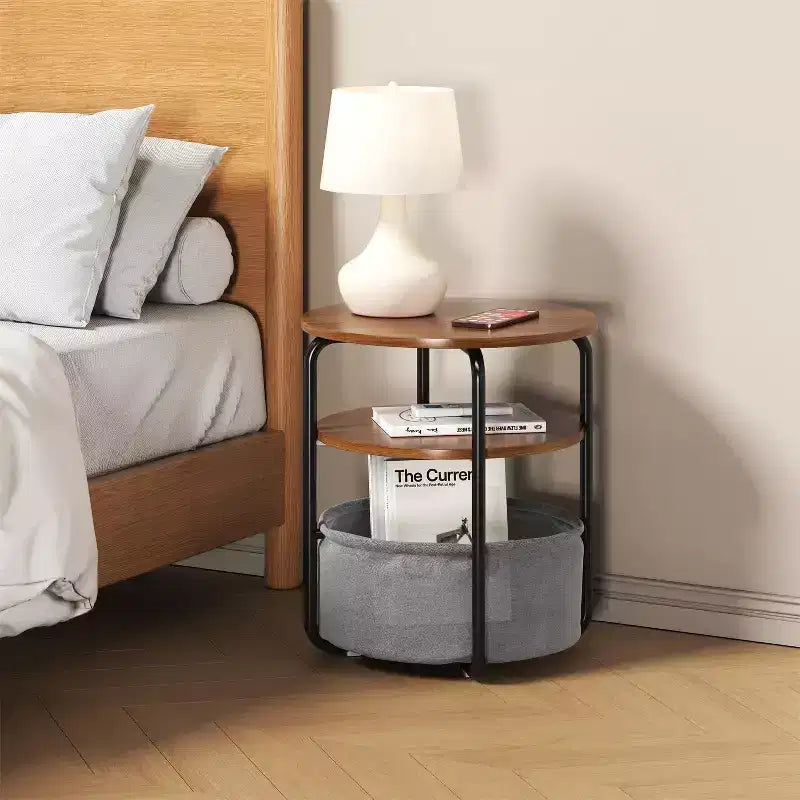 Tavolino Rotondo a 3 Livelli, Beige/Marrone, Struttura in Ferro con Cesto in Tessuto, Uso per 1 Persona