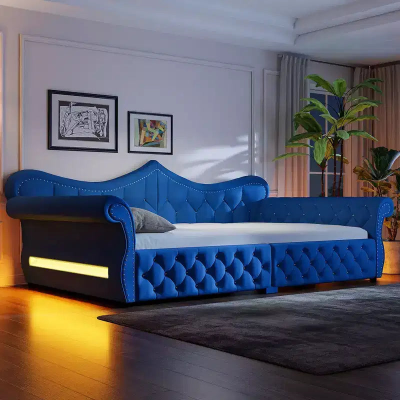 Daybed imbottito Queen Size, beige/blu/grigio, 2 posti letto, LED e borchie decorative