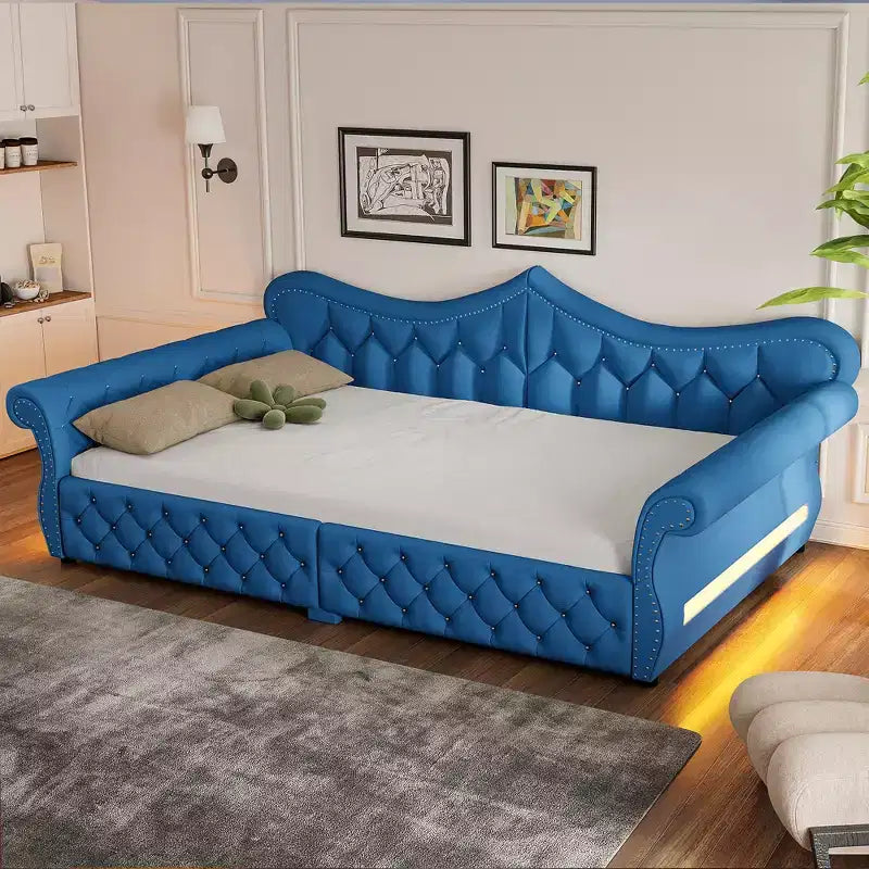 Daybed imbottito Queen Size, beige/blu/grigio, 2 posti letto, LED e borchie decorative
