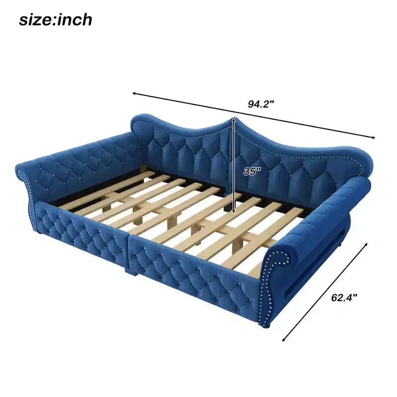 Daybed imbottito Queen Size, beige/blu/grigio, 2 posti letto, LED e borchie decorative