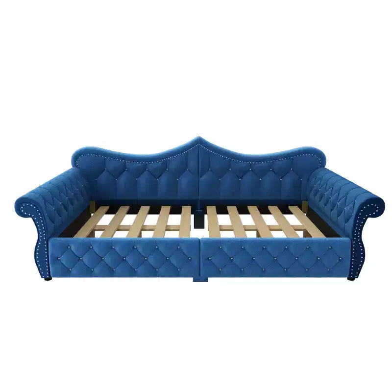 Daybed imbottito Queen Size, beige/blu/grigio, 2 posti letto, LED e borchie decorative