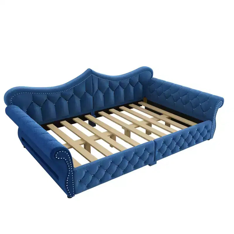 Daybed imbottito Queen Size, beige/blu/grigio, 2 posti letto, LED e borchie decorative