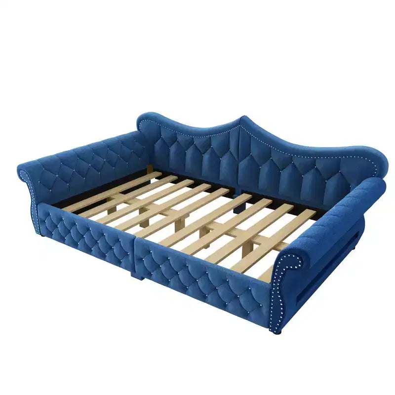 Daybed imbottito Queen Size, beige/blu/grigio, 2 posti letto, LED e borchie decorative