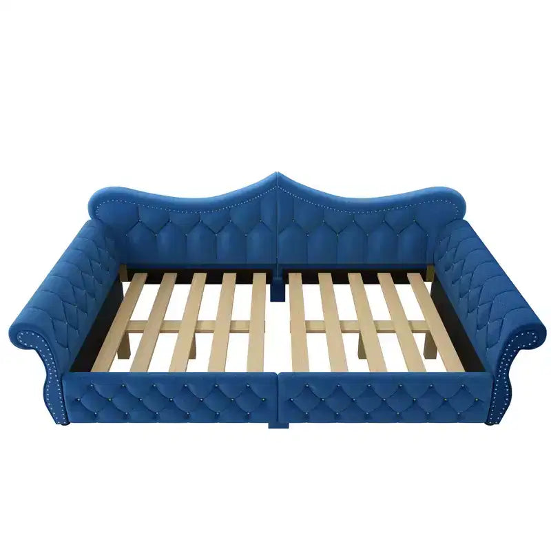 Daybed imbottito Queen Size, beige/blu/grigio, 2 posti letto, LED e borchie decorative