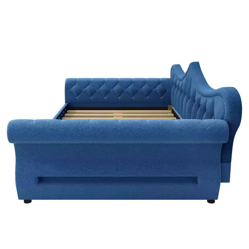 Daybed imbottito Queen Size, beige/blu/grigio, 2 posti letto, LED e borchie decorative
