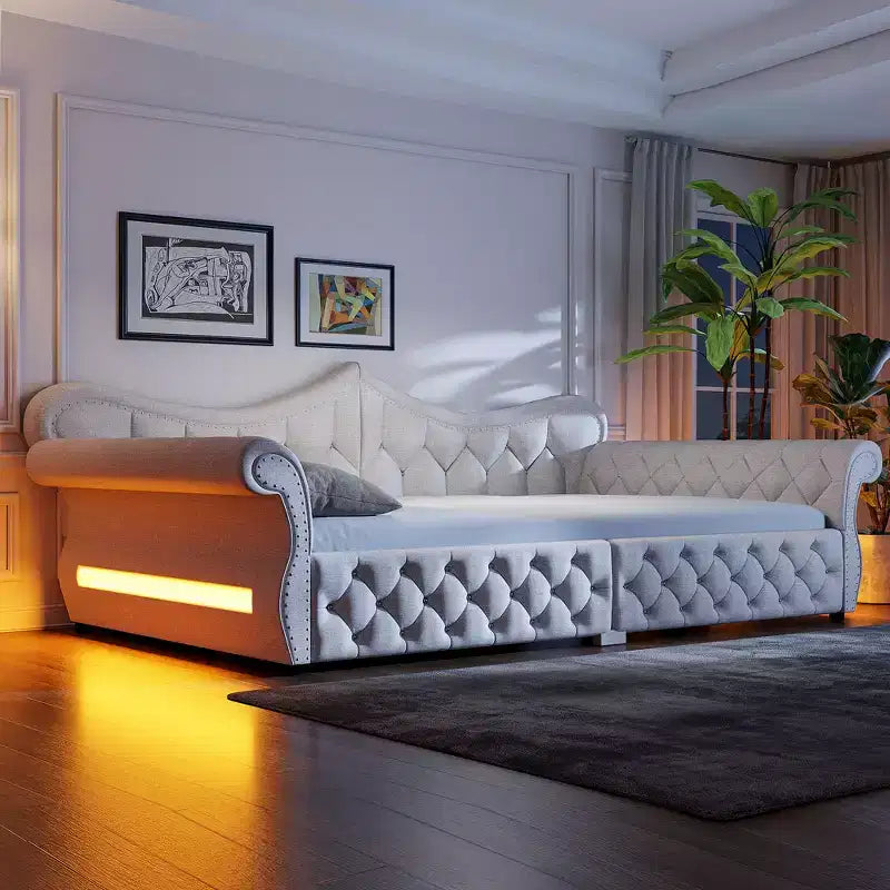 Daybed imbottito Queen Size, beige/blu/grigio, 2 posti letto, LED e borchie decorative