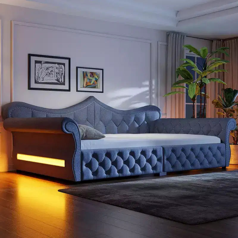 Daybed imbottito Queen Size, beige/blu/grigio, 2 posti letto, LED e borchie decorative