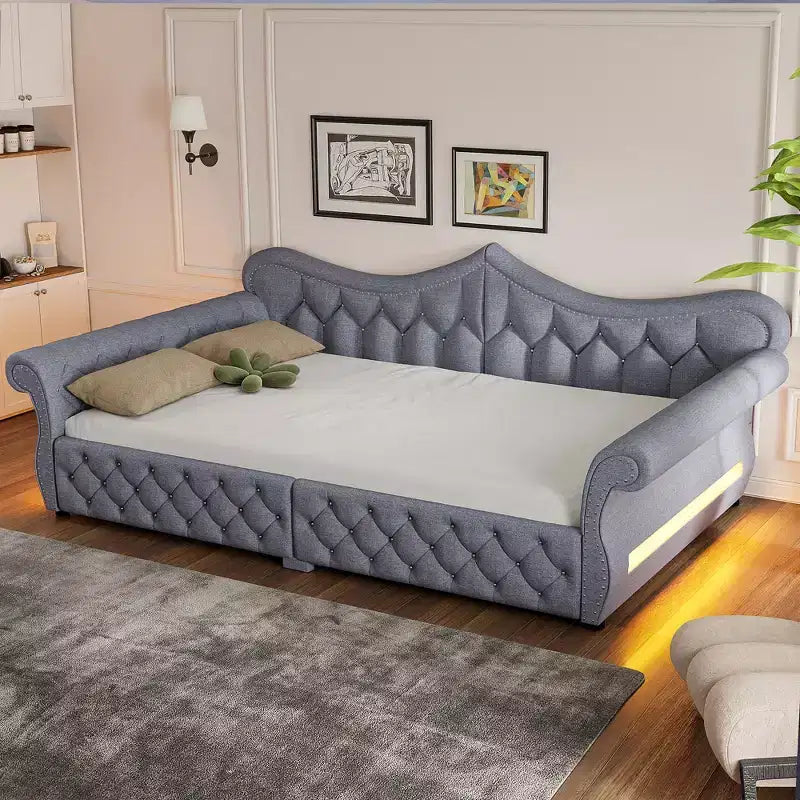 Daybed imbottito Queen Size, beige/blu/grigio, 2 posti letto, LED e borchie decorative