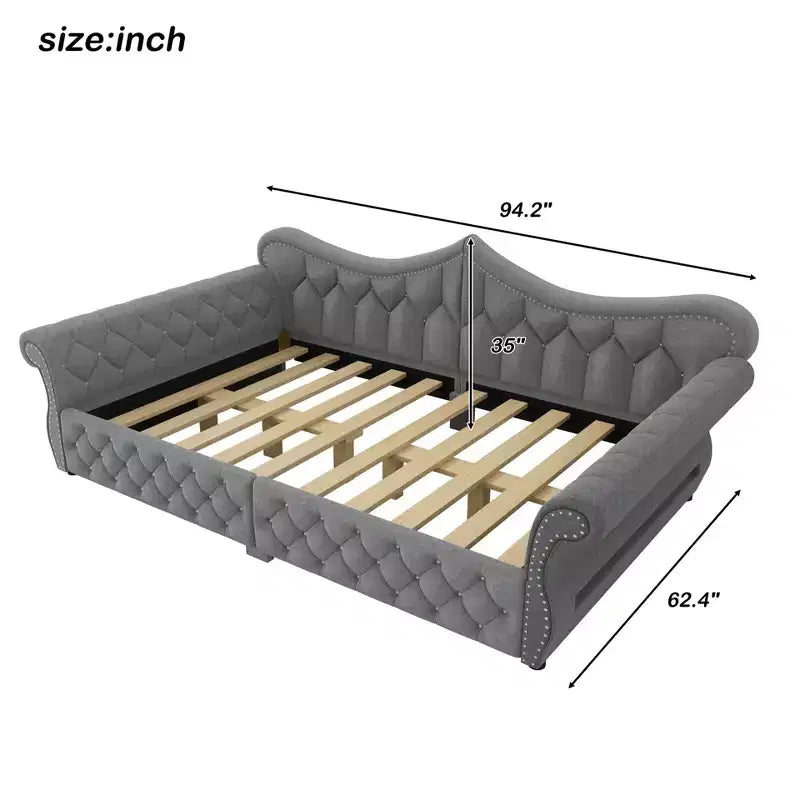 Daybed imbottito Queen Size, beige/blu/grigio, 2 posti letto, LED e borchie decorative