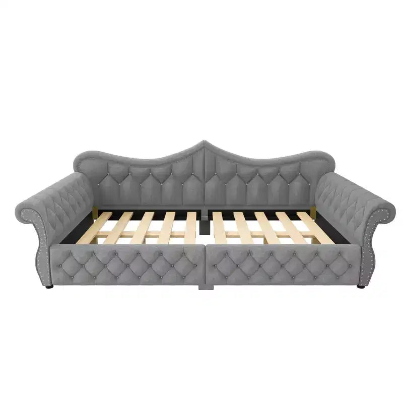 Daybed imbottito Queen Size, beige/blu/grigio, 2 posti letto, LED e borchie decorative