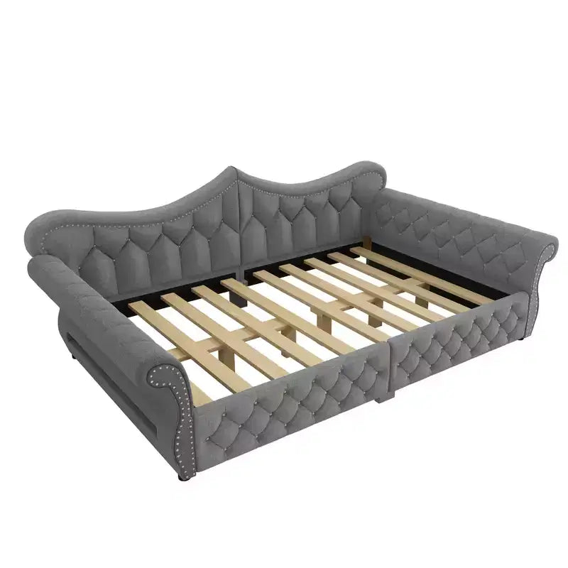 Daybed imbottito Queen Size, beige/blu/grigio, 2 posti letto, LED e borchie decorative