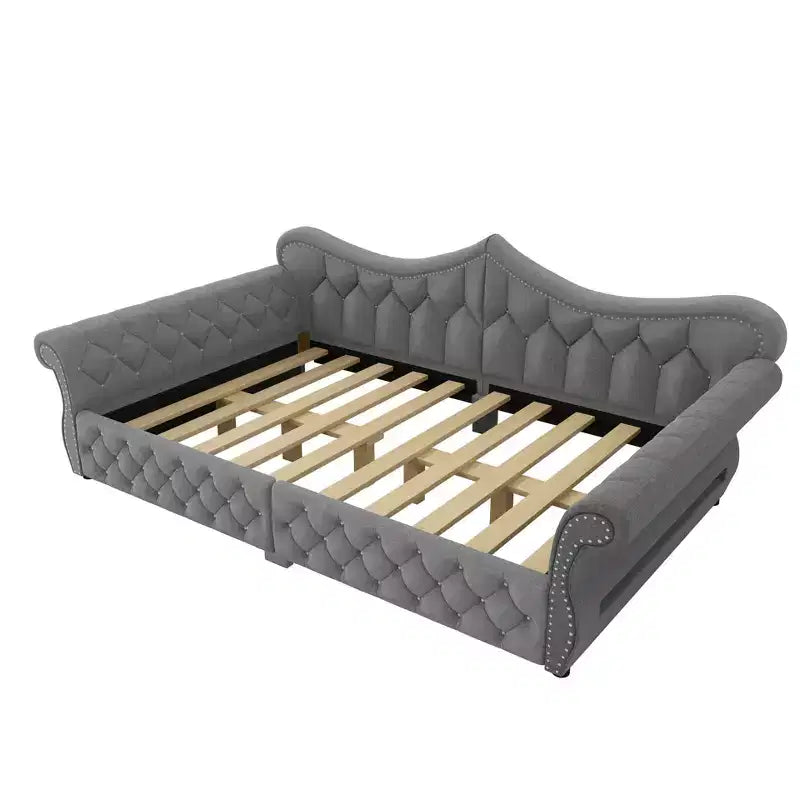 Daybed imbottito Queen Size, beige/blu/grigio, 2 posti letto, LED e borchie decorative