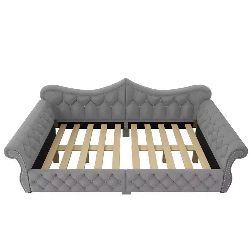 Daybed imbottito Queen Size, beige/blu/grigio, 2 posti letto, LED e borchie decorative