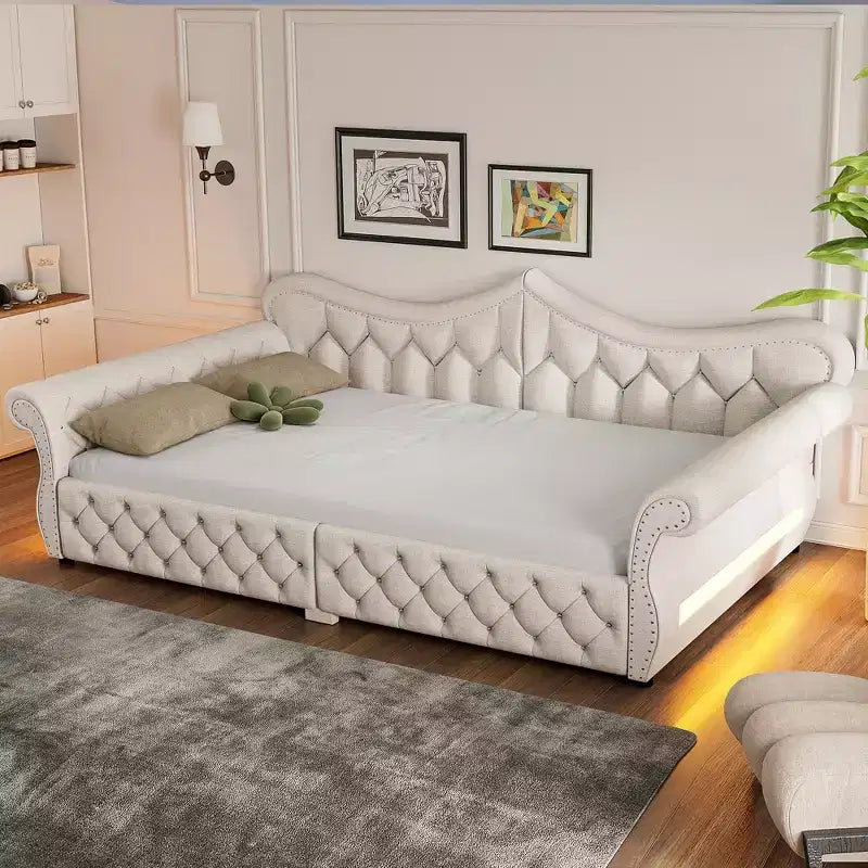 Daybed imbottito Queen Size, beige/blu/grigio, 2 posti letto, LED e borchie decorative
