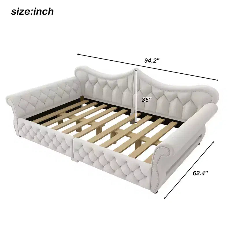 Daybed imbottito Queen Size, beige/blu/grigio, 2 posti letto, LED e borchie decorative