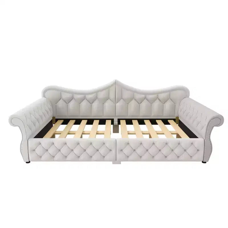 Daybed imbottito Queen Size, beige/blu/grigio, 2 posti letto, LED e borchie decorative