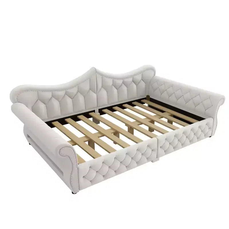 Daybed imbottito Queen Size, beige/blu/grigio, 2 posti letto, LED e borchie decorative