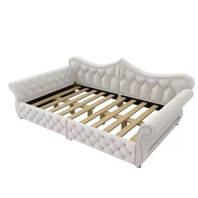 Daybed imbottito Queen Size, beige/blu/grigio, 2 posti letto, LED e borchie decorative
