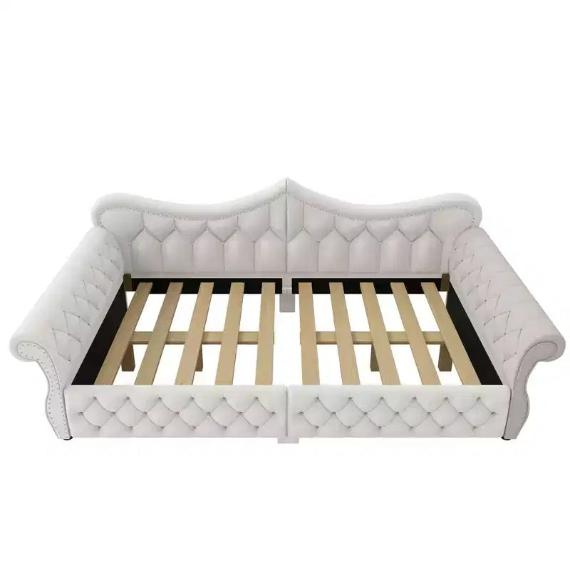 Daybed imbottito Queen Size, beige/blu/grigio, 2 posti letto, LED e borchie decorative