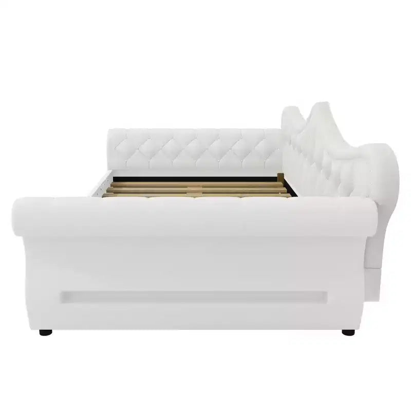 Daybed imbottito Queen Size, beige/blu/grigio, 2 posti letto, LED e borchie decorative
