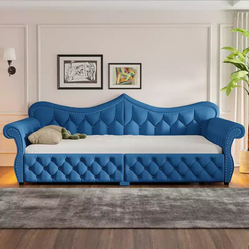 Daybed imbottito Queen Size, beige/blu/grigio, 2 posti letto, LED e borchie decorative