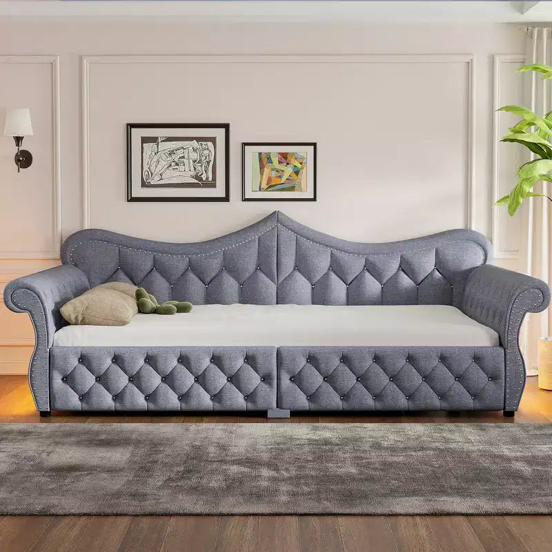 Daybed imbottito Queen Size, beige/blu/grigio, 2 posti letto, LED e borchie decorative