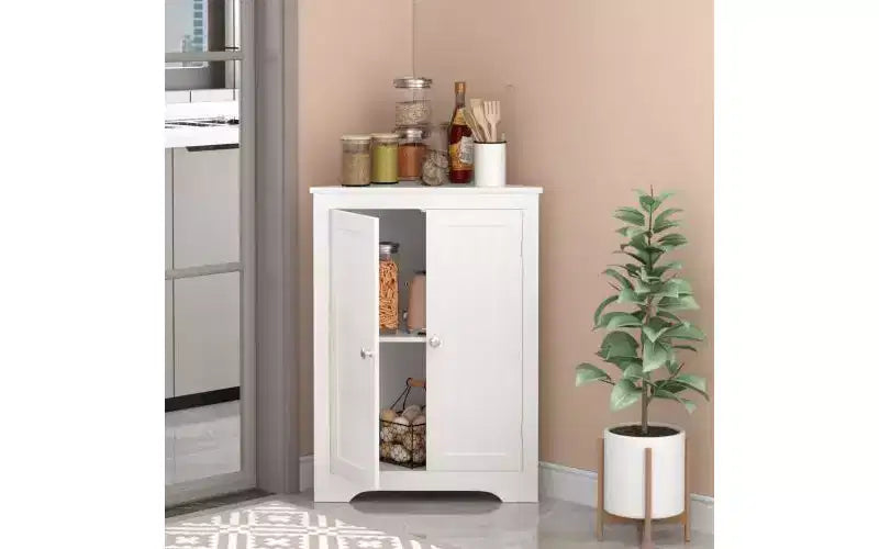 Mobiletto angolare bianco, 2 ante, organizzatore da terra, montaggio da 1 persona