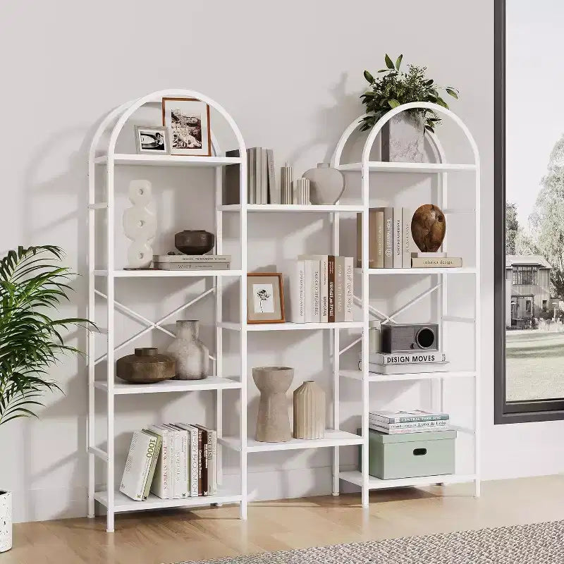 Libreria Ad Arco Nera / Marrone / Bianca, 11 Ripiani, Struttura in Metallo e Legno, Montaggio per 1-2 Persone