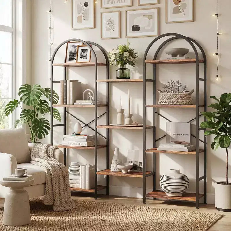 Libreria Ad Arco Nera / Marrone / Bianca, 11 Ripiani, Struttura in Metallo e Legno, Montaggio per 1-2 Persone