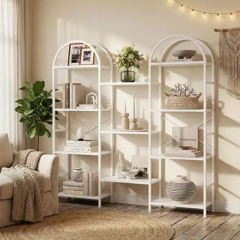 Libreria Ad Arco Nera / Marrone / Bianca, 11 Ripiani, Struttura in Metallo e Legno, Montaggio per 1-2 Persone