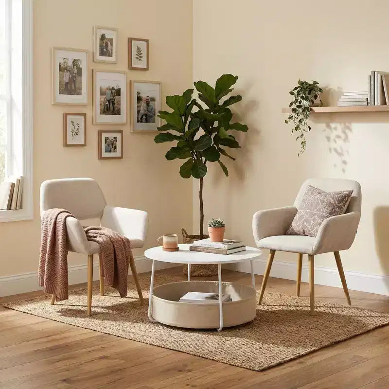 Set sedia d'accento senza braccioli in lino beige e tavolino da caffè, 2 posti